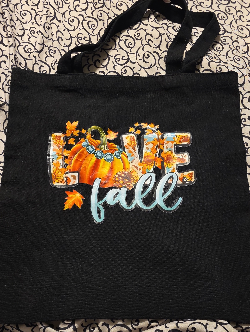 Live Fall Black Canvas Tote Bag 14x14.5" Extra Pouch 7x5"